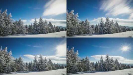 风在雪林中移动的云和树高清在线视频素材下载