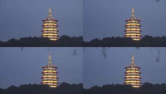 灯火通明西湖风景区雷峰塔夜景高清在线视频素材下载