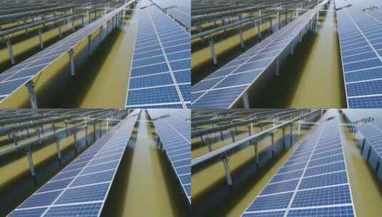太阳能发电场低角度飞行 池塘上的光伏高清在线视频素材下载