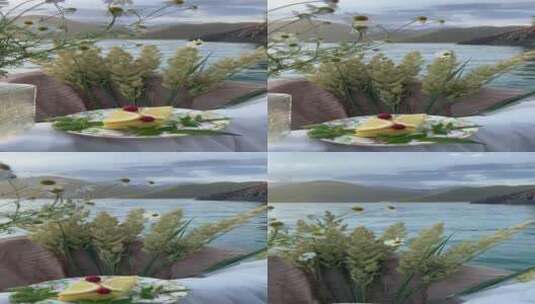晴天湖中穿上鲜花早餐高清在线视频素材下载