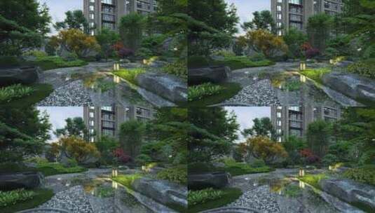 雨天新中式园林绿化三维动画高清在线视频素材下载