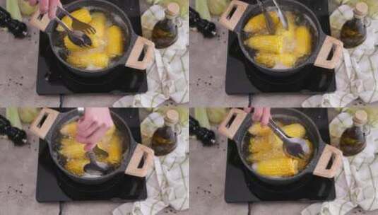 煮有机玉米棒高清在线视频素材下载