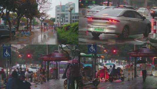 谷雨天马路都市夜景灯光迷离夜色下班交通高清在线视频素材下载