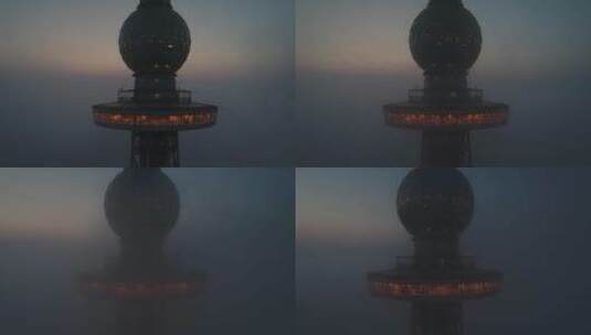 航拍电视塔平流雾高清在线视频素材下载