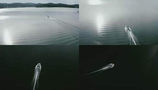 4K无人机湖上的船。高清在线视频素材下载