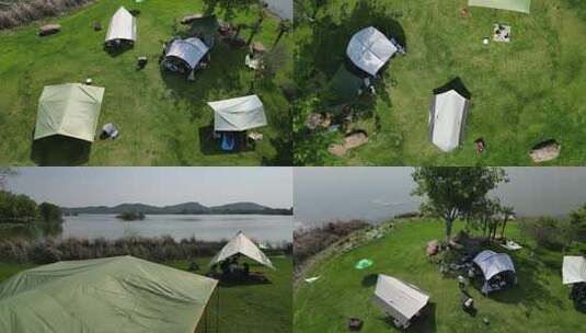 露营帐篷天幕武汉东湖绿道边 周末湖边露营高清在线视频素材下载
