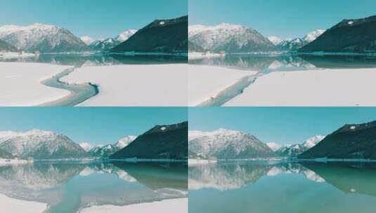 航拍湖泊森林雪山山脉雪景唯美风景高清在线视频素材下载