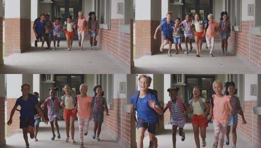 快乐的不同学生在学校走廊上奔跑的视频高清在线视频素材下载