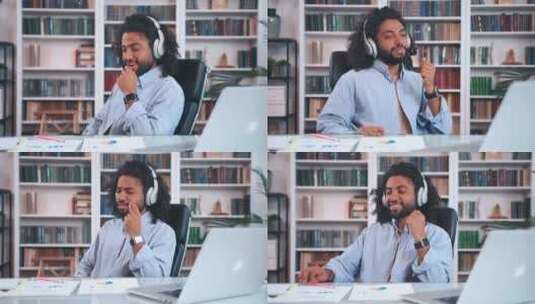 年轻的阿拉伯男子坐在办公椅上用无线耳机听音乐高清在线视频素材下载