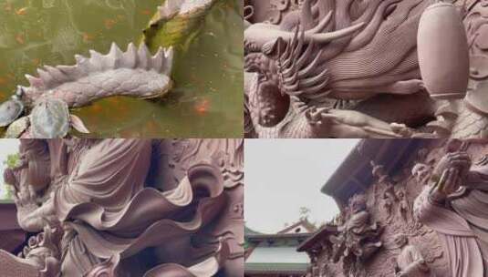 古刹佛像雕刻菩萨罗汉水池仙池乌龟摇高清在线视频素材下载