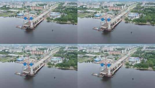 航拍跨河大桥建设高清在线视频素材下载