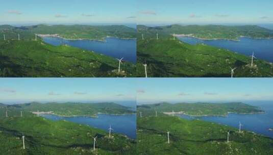 4K 海岛风车山风力发电、绿色清洁能源航拍高清在线视频素材下载