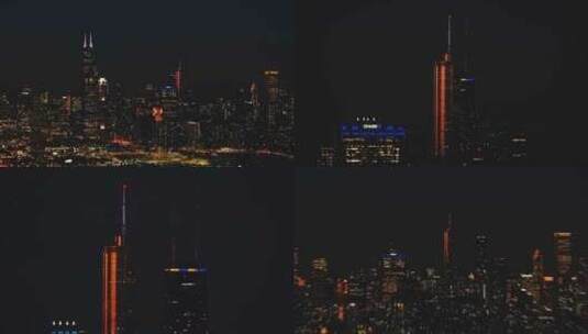 城市航拍芝加哥市中心摩天大楼夜景灯光南区高清在线视频素材下载
