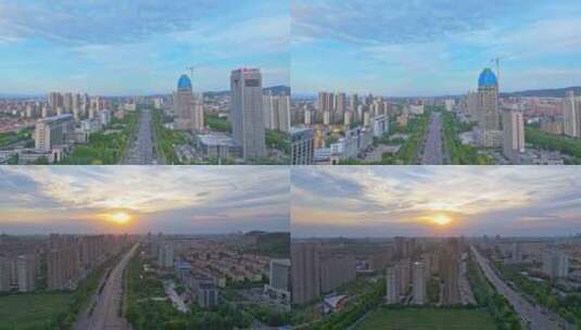 航拍车水马龙的枣庄新城光明路高清在线视频素材下载