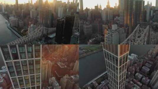 航拍纽约曼哈顿萨顿大厦皇后区大桥东河日落高清在线视频素材下载