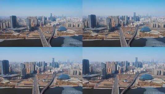 中国辽宁沈阳盛京剧院和浑河沿岸建筑航拍高清在线视频素材下载