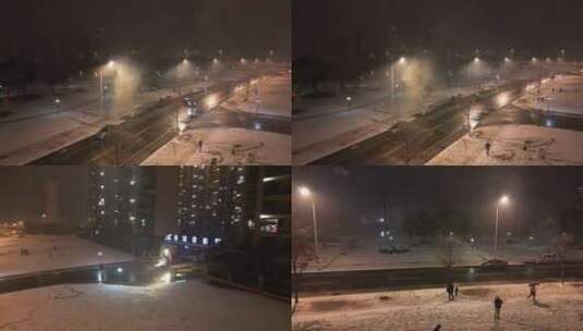 雪夜航拍玩雪的人高清在线视频素材下载