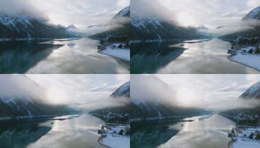 雪域高山森林湖泊景观航拍高清在线视频素材下载