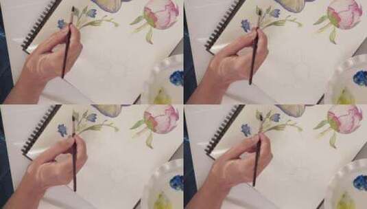水彩画。女人画花卉水彩素描高清在线视频素材下载