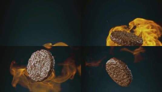烤牛排煎牛排在空中火上飞舞牛肉饼高清在线视频素材下载
