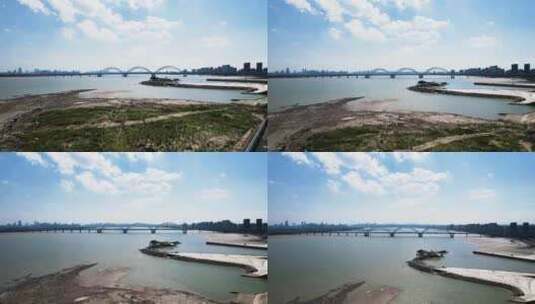 杭州钱塘江蓝天白云九堡大桥江边风景航拍高清在线视频素材下载