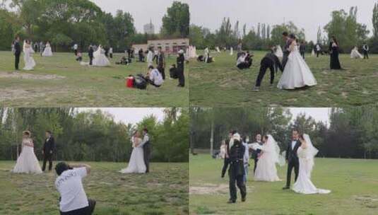 草坪上拍摄婚纱照的新婚情侣们高清在线视频素材下载