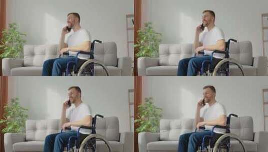 快乐的残疾人坐在轮椅上打电话高清在线视频素材下载