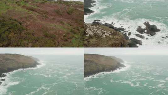 空中飞过康沃尔风景到雾蒙蒙的海岸线到海浪高清在线视频素材下载