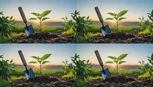 园艺工具土壤中植物幼苗生长植树节播种高清在线视频素材下载