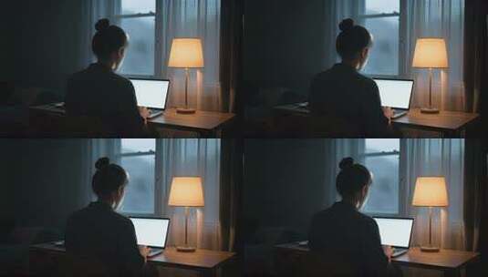 商务女士加班夜晚剪影职场人物工作场景高清在线视频素材下载