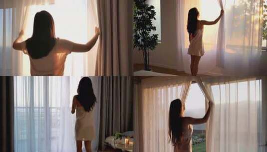 女子卧室拉开窗帘迎阳光高清在线视频素材下载