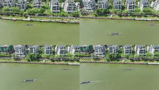河边龙舟比赛航拍画面高清在线视频素材下载
