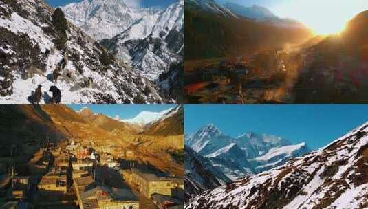 尼泊尔雪山下村庄建筑航拍高清在线视频素材下载