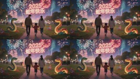 2025蛇年家庭公园赏烟花场景高清在线视频素材下载