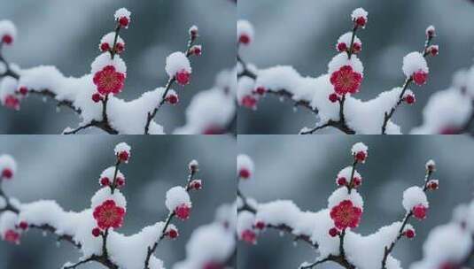 雪中绽放的梅花特写高清在线视频素材下载