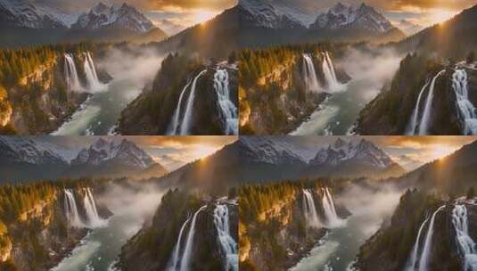 雪山森林间的壮丽瀑布景观高清在线视频素材下载