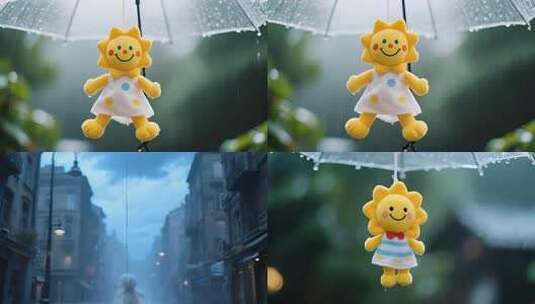 雨天悬挂的晴天娃娃高清在线视频素材下载