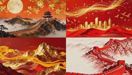 红色背景金色线条城市飞鸟素材高清在线视频素材下载