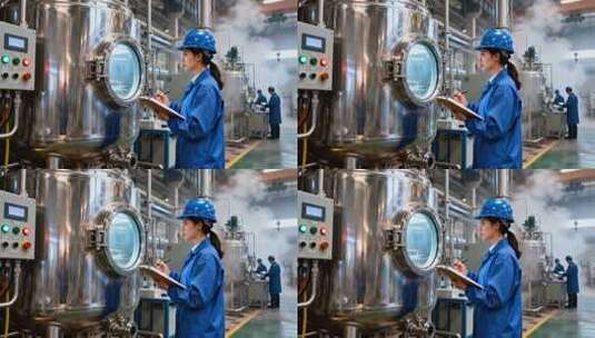 工厂女工记录工业设备运行情况高清在线视频素材下载