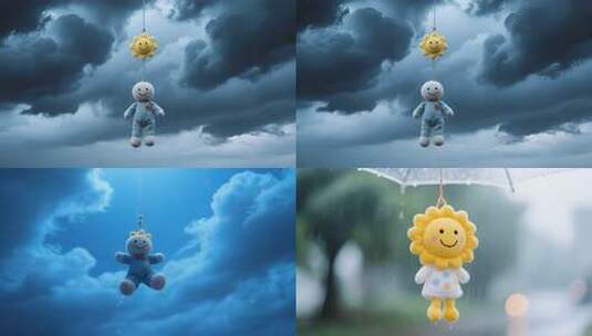 雨天悬挂的晴天娃娃高清在线视频素材下载