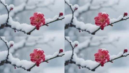 覆雪绽放的红色梅花特写高清在线视频素材下载