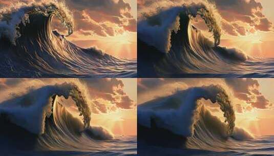 夕阳下的大海巨浪景象高清在线视频素材下载