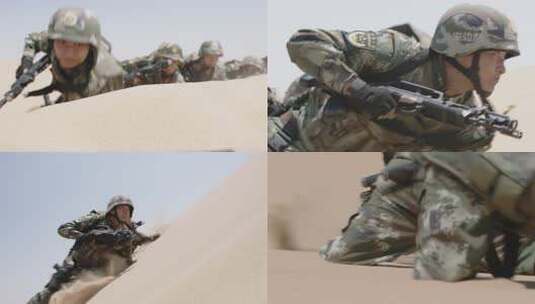 边防战士背枪趴在沙地中匍匐前进高清在线视频素材下载