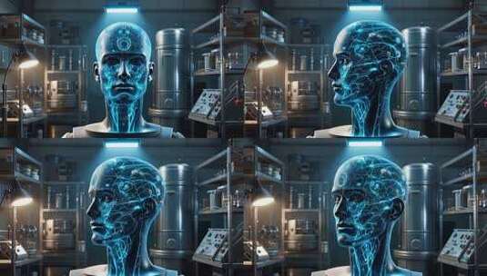 实验室中的人工智能机器人头部高清在线视频素材下载