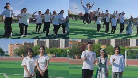 校园学生草地奔跑开心高清在线视频素材下载
