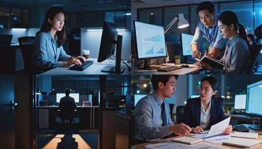 办公室深夜加班上班族做方案高清在线视频素材下载