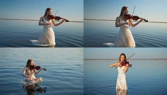 湖面拉琴的优雅女性高清在线视频素材下载