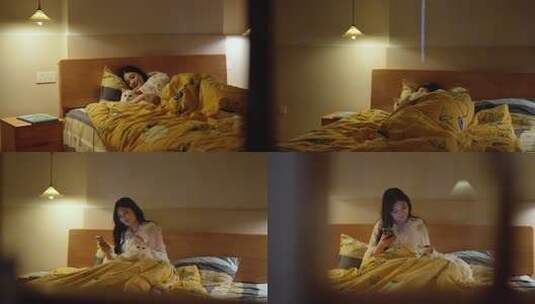 孤独女生夜晚带猫猫入睡高清在线视频素材下载