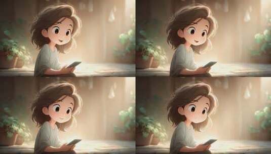 阳光下女孩专注使用手机的温馨时刻高清在线视频素材下载