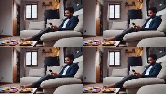 男子沙发上休闲玩手机高清在线视频素材下载